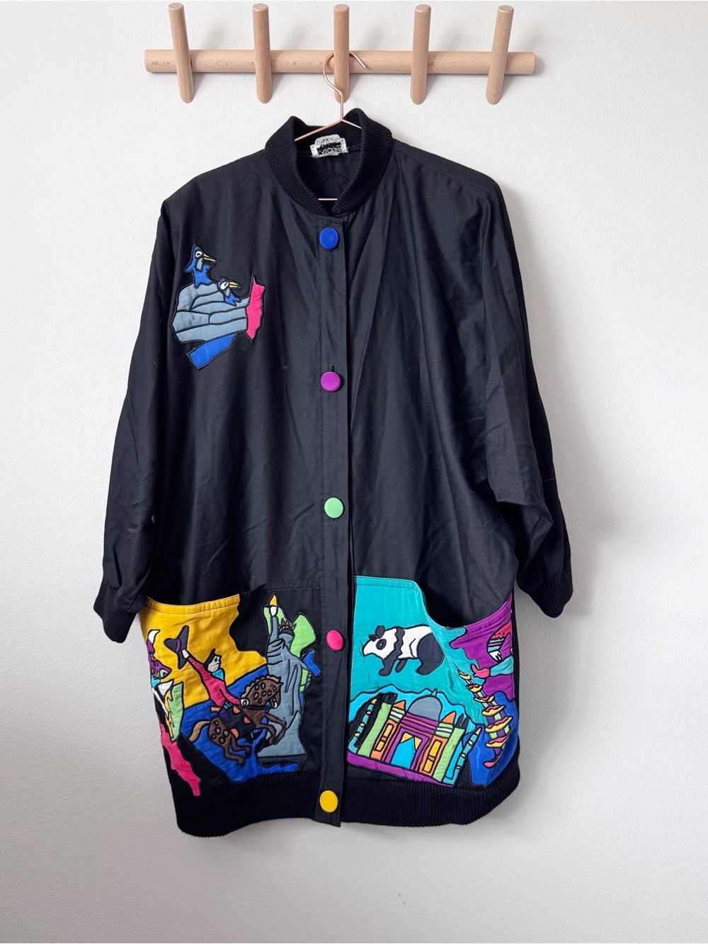 Vintage Silkscapes 80’s Black Jacket with Multicolor Patchwork Accents